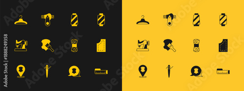 Set Sewing thread on spool, Needle for sewing with, Yarn, Leather, Hanger wardrobe and Zipper icon. Vector