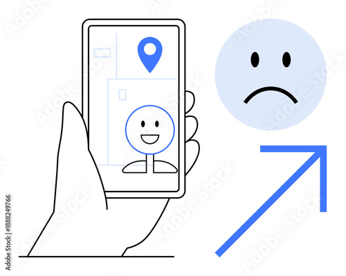 Facial recognition. Facial recognition technology demonstrates emotion scanning with sad and happy icons, a location pin, and mobile application. For AI, technology, digital apps, privacy, data