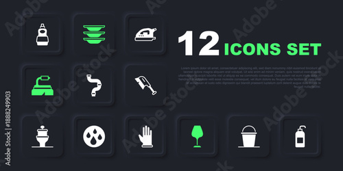 Set Bucket, Antibacterial soap, Industry metallic pipe, Wine glass, Brush for cleaning, Water drop, Washing dishes and Rubber gloves icon. Vector