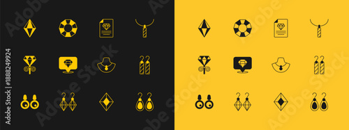 Set Pendant on necklace, Earrings, Necklace mannequin, Gem stone, Diamond, Certificate of the diamond, and icon. Vector