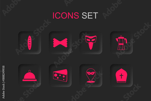 Set Cheese, Macaroni, French baguette bread, Carnival mask, Coffee maker moca pot, Pope hat, and Covered with tray food icon. Vector