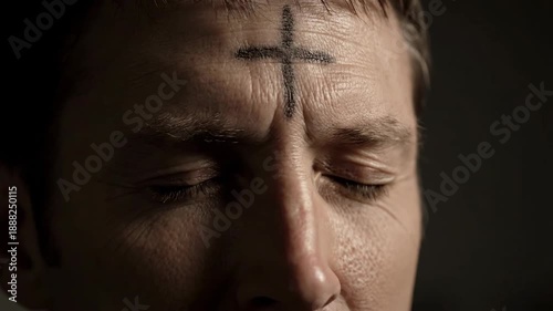 A solemn close-up of a man with eyes closed, reflecting on faith and repentance, his forehead marked with the traditional ash cross of Ash Wednesday