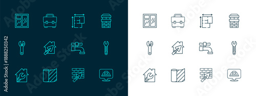 Set line Chimney, Wallpaper, Water tap, Brick wall with trowel, House, plan, Window in room and Toolbox icon. Vector