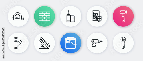 Set line Paint bucket, Hammer, Industry metallic pipe, Electric drill machine, Security keypad access panel, City landscape, Adjustable wrench and Triangular ruler pencil icon. Vector