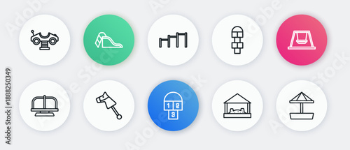 Set line Hopscotch, Swing for kids, Attraction carousel, Sandbox with sand, Sport horizontal bar, and Toy horse icon. Vector