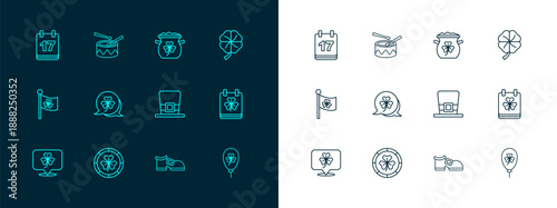 Set line Four leaf clover, Golden leprechaun coin, Leprechaun hat, boot, Clover trefoil, Pot of gold coins, Saint Patricks day with calendar and Drum drum sticks icon. Vector
