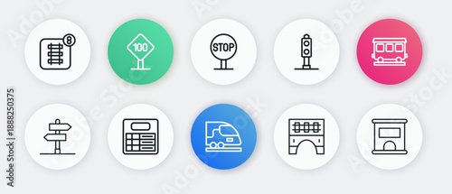 Set line High-speed train, Passenger cars, Road traffic sign, Bridge for, Train light, Stop, Ticket office buy tickets and station board icon. Vector