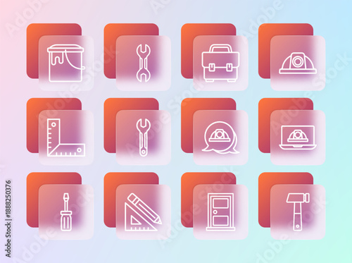 Set line Worker safety helmet, Triangular ruler and pencil, Closed door, Wrench spanner, Toolbox, Paint bucket and icon. Vector