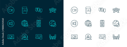 Set line Web camera, Speech bubble chat, Video conference, Question and Answer, and Phone book icon. Vector