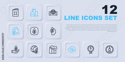 Set line Motor gas gauge, Oil drop with dollar symbol, CO2 emissions in cloud, tank storage and and industrial factory icon. Vector