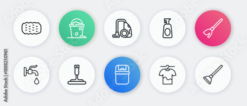 Set line Trash can, Handle broom, Water tap, Drying clothes, Cleaning spray with detergent, Vacuum cleaner, Rubber plunger and for windows icon. Vector
