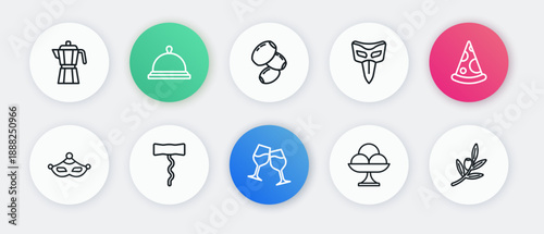 Set line Wine glass, Slice of pizza, Carnival mask, Ice cream the bowl, Olives, branch and corkscrew icon. Vector
