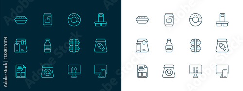 Set line Coffee cup to go, Online ordering food, Lunch box, Bottle water, Donut, and Soda can icon. Vector