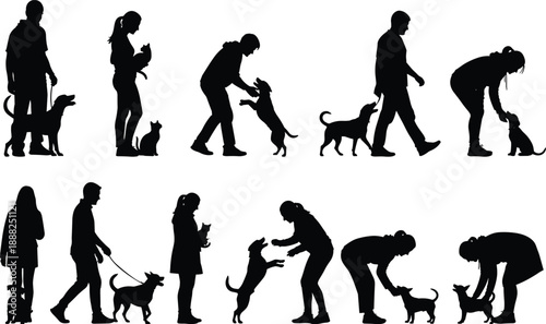 Silhouette of People Interacting with Dogs and Cats in Various Pet Care and Play Poses for Vector Art and Design Use