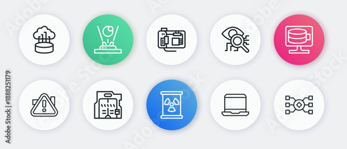 Set line Radioactive waste in barrel, Cloud database, Exclamation mark triangle, Laptop, Eye scan, Motherboard, Neural network and Futuristic sliding doors icon. Vector