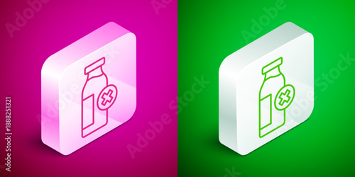Isometric line Lactose intolerance icon isolated on pink and green background. Not allow milk. Allergy concept, lactose intolerance allergy warning sign. Silver square button. Vector