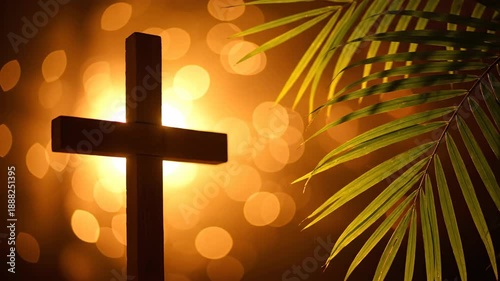 Ash Wednesday Christian Cross with Palm Fronds and Bokeh Lights symbolizing Lent and Resurrection