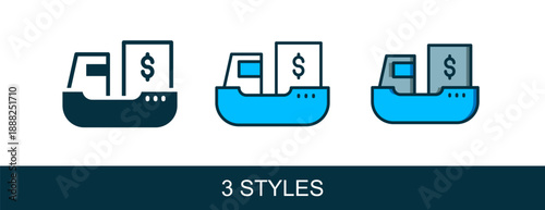 Filled outline Cargo ship with boxes delivery service icon isolated on white background. Delivery, transportation. Freighter with parcels, boxes, goods. Vector