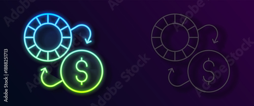 Glowing neon line Casino chips exchange on dollar icon isolated on black background. Vector