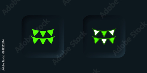 Green Carnival garland with flags icon isolated on black background. Party pennants for birthday celebration, festival decoration. Black square button. Vector