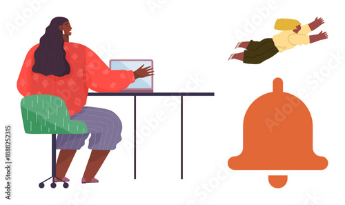 Remote work, productivity, notifications, online communication, multitasking, teamwork. A woman working on a laptop with a notification bell and floating person. Remote work and productivity concept