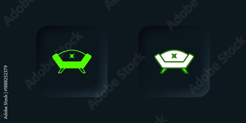 Green Sofa icon isolated on black background. Black square button. Vector