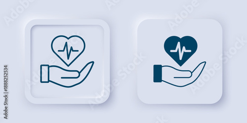 Filled and outline Life insurance in hand icon isolated on grey background. Security, safety, protection, protect concept. Square button. Vector