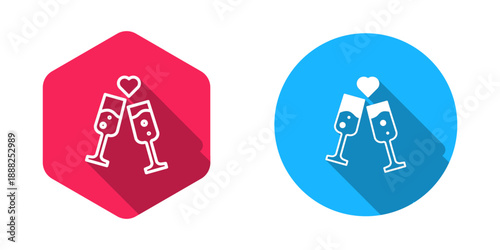 Filled and outline Glass of champagne icon isolated with long shadow background. Happy Valentines day. Vector