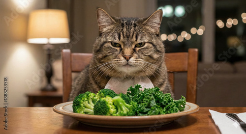 Funny grumpy cat sits at table with plate of broccoli during romantic candlelit dinner
