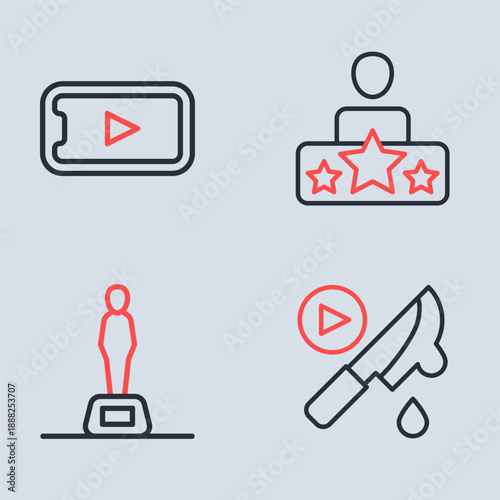 Set line Actor star, Movie trophy, Thriller movie and Online play video icon. Vector