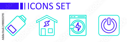 Set line Power button, Washer, Smart home and Battery charge icon. Vector