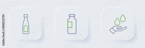 Set line Washing hands with soap, Bottle of water and icon. Vector