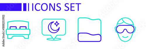 Set line Eye sleep mask, Pillow, Moon and stars and Big bed icon. Vector