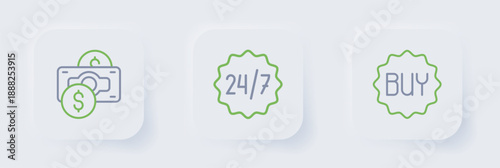 Set line Buy button, Clock 24 hours and Stacks paper money cash icon. Vector