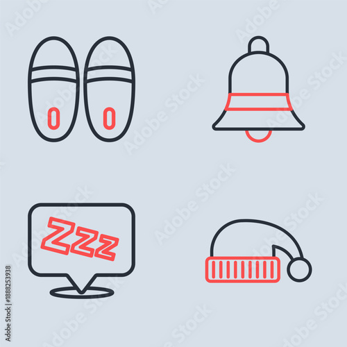 Set line Ringing bell, Sleepy, Sleeping hat and Slippers icon. Vector