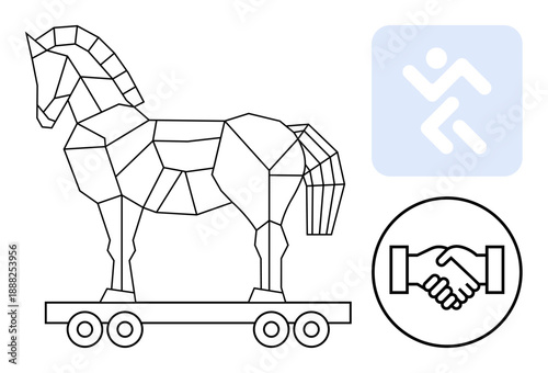 Cybersecurity concept. Trojan horse hidden threats, handshake trust, and icons emphasizing secure solutions. Cybersecurity for data, technology, software, networks, businesses