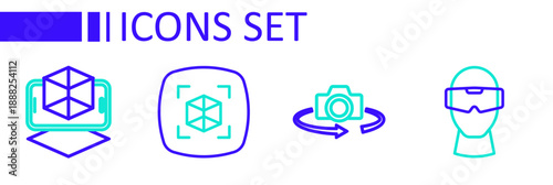Set line Virtual reality glasses, 360 degree view, 3d modeling and icon. Vector