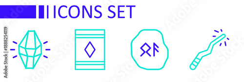 Set line Magic wand, runes, carpet and stone icon. Vector