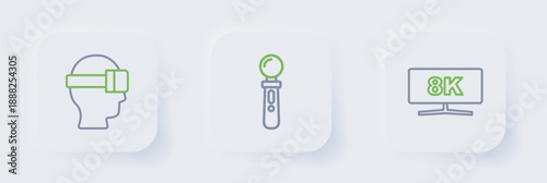 Set line Computer monitor, VR controller game and Virtual reality glasses icon. Vector