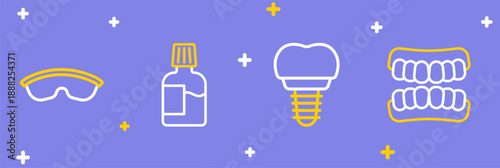 Set line Dentures model, Dental implant, Mouthwash and Safety goggle glasses icon. Vector