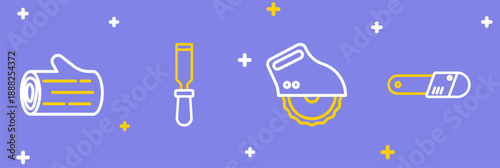 Set line Chainsaw, Electric circular, Chisel tool and Wooden log icon. Vector