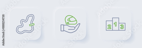 Set line Award over sports winner podium, Racing helmet and Timing belt kit icon. Vector