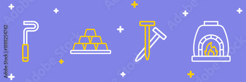 Set line Blacksmith oven, Metallic nails, Gold bars and Fire poker icon. Vector