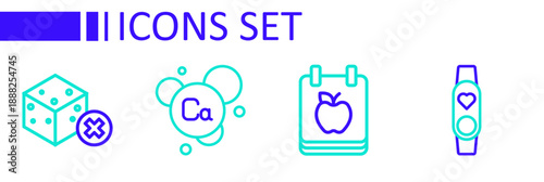 Set line Smart watch with heart, Diet plan, Calcium and No sugar free icon. Vector