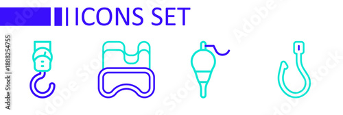 Set line Fishing hook, float, Diving mask and Spring scale icon. Vector