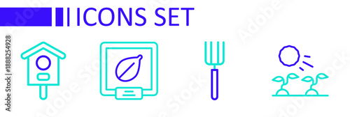 Set line Plant sprouts grow in the sun, Garden pitchfork, Seeds of specific plant and Bird house icon. Vector