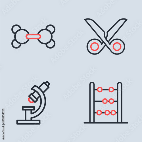 Set line Scissors, Microscope, Abacus and Molecule icon. Vector