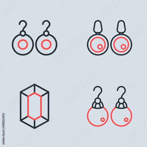 Set line Earrings, Gem stone, and icon. Vector