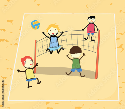 funny children playing volleyball on a beach sand cartoon colorful illustration