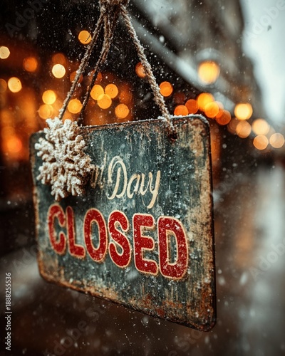 Closed on Christmas Day sign with snowflake decorations, winter holiday notice